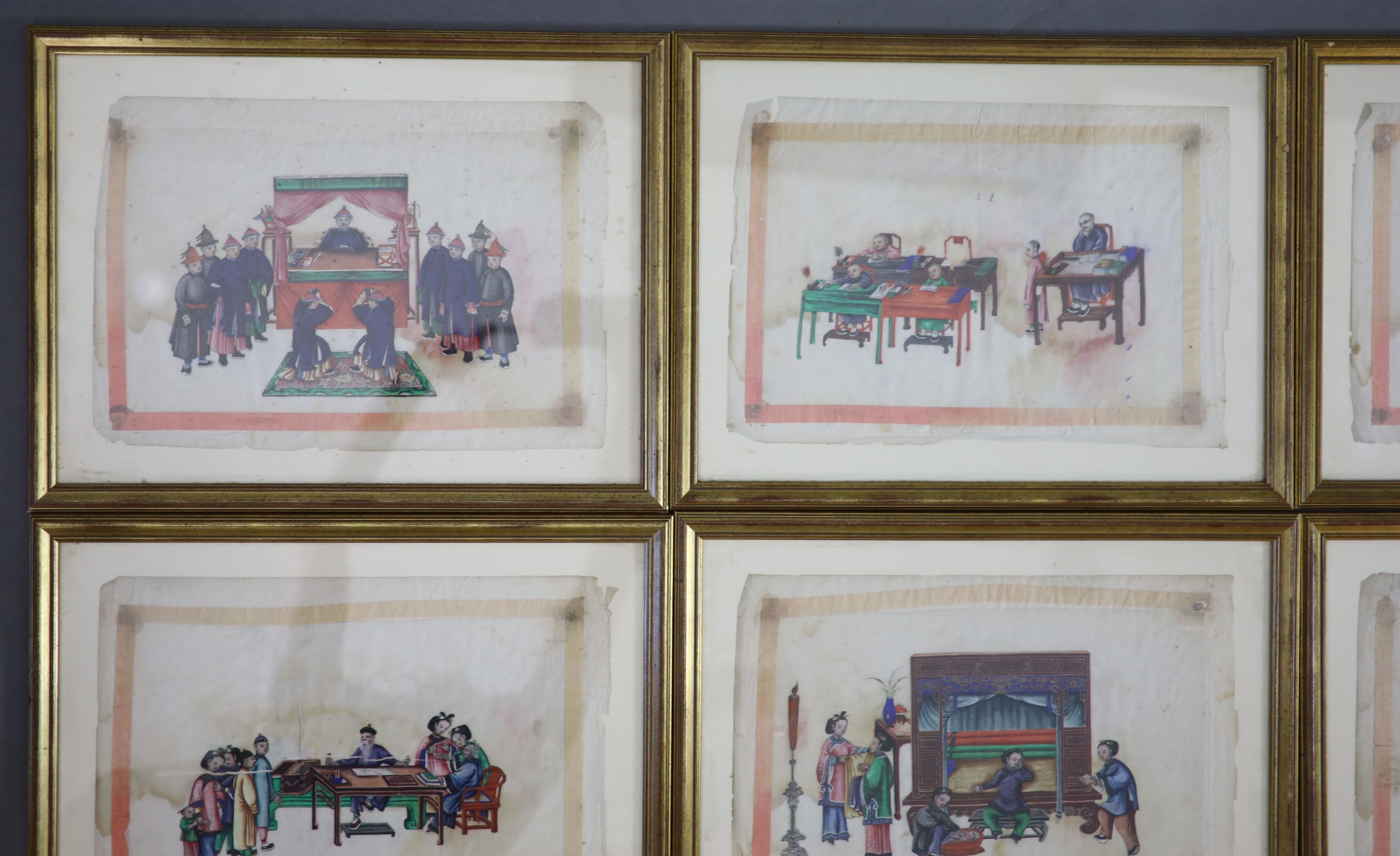 A set of twelve Chinese paintings on pith paper, 19th century, approx. 25.5 x 37cm